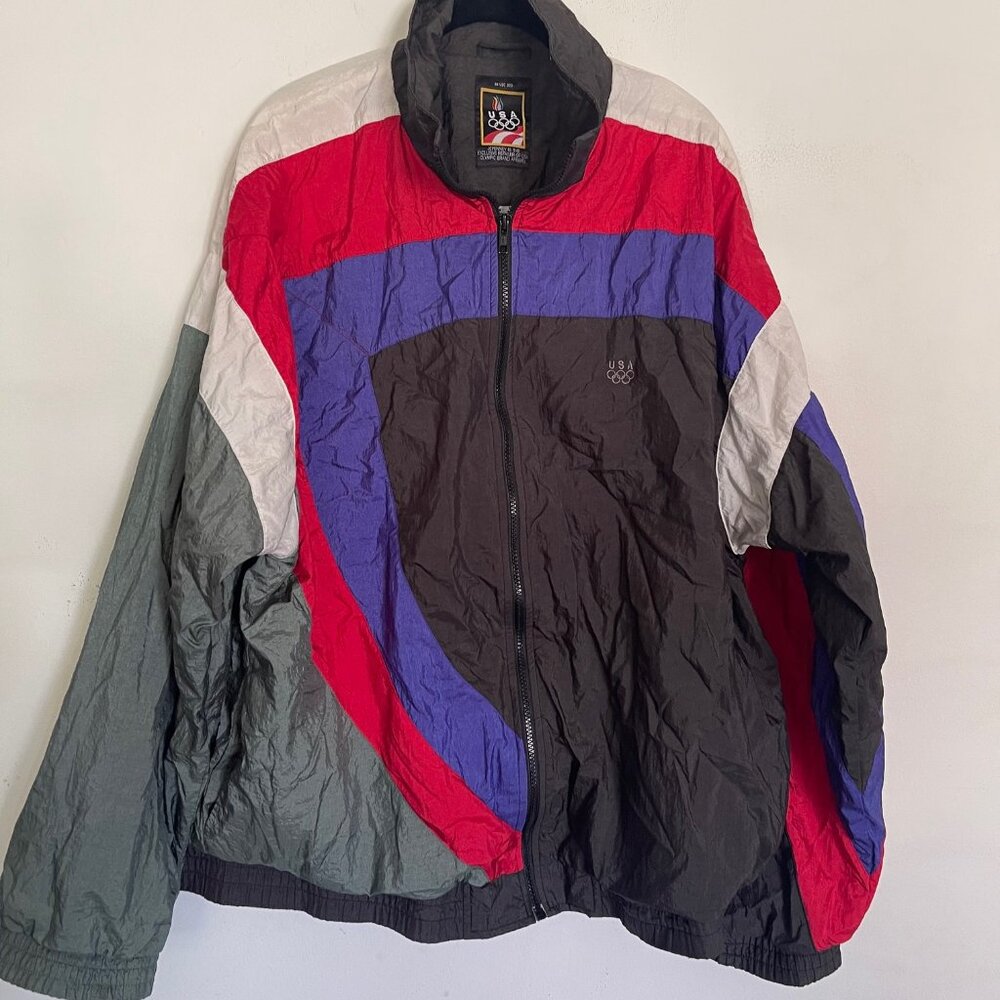 VTG JCPenney XL USA Olympics Windbreaker Jacket Full Zip Multicolor Mock Neck T1